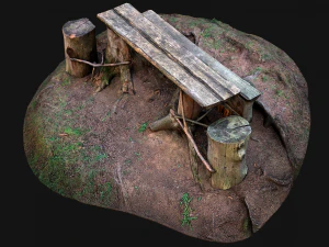 Medieval Wooden Bench and Table in the Mountains 3D Model
