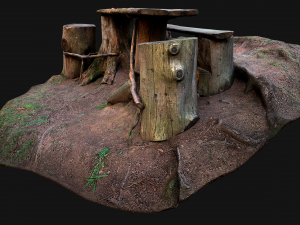 Medieval Wooden Bench and Table in the Mountains Model 3D