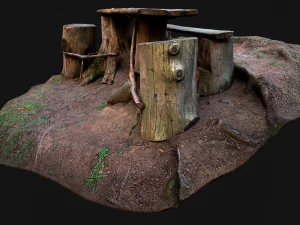 Medieval Wooden Bench and Table in the Mountains 3D Model
