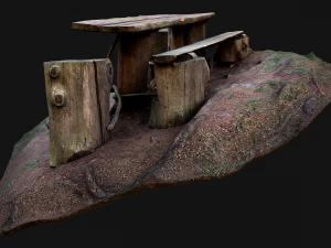 Medieval Wooden Bench and Table in the Mountains 3D Model
