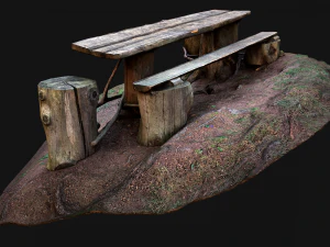 Medieval Wooden Bench and Table in the Mountains 3D Model