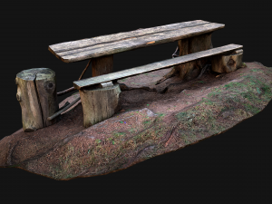 Medieval Wooden Bench and Table in the Mountains Model 3D
