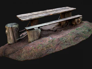 Medieval Wooden Bench and Table in the Mountains 3D Model