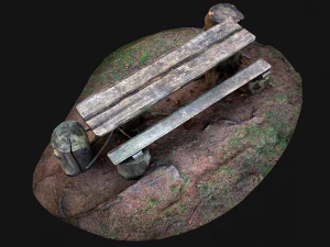 Medieval Wooden Bench and Table in the Mountains 3D Model