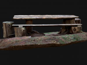 Medieval Wooden Bench and Table in the Mountains Model 3D