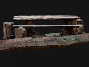 Medieval Wooden Bench and Table in the Mountains 3D Model