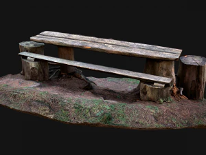 Medieval Wooden Bench and Table in the Mountains 3D Model