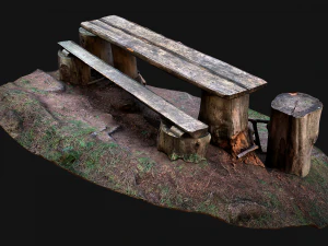 Medieval Wooden Bench and Table in the Mountains 3D Model