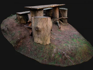 Medieval Wooden Bench and Table in the Mountains 3D Model