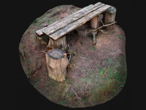 Medieval Wooden Bench and Table in the Mountains 3D Model