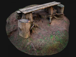 Medieval Wooden Bench and Table in the Mountains 3D Model