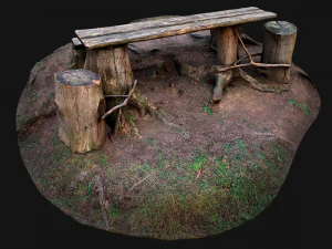 Medieval Wooden Bench and Table in the Mountains 3D Model