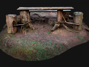 Medieval Wooden Bench and Table in the Mountains 3D Model