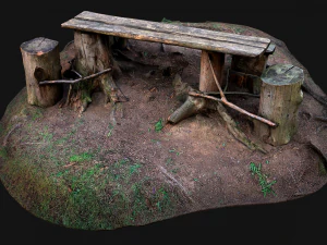 Medieval Wooden Bench and Table in the Mountains 3D Model