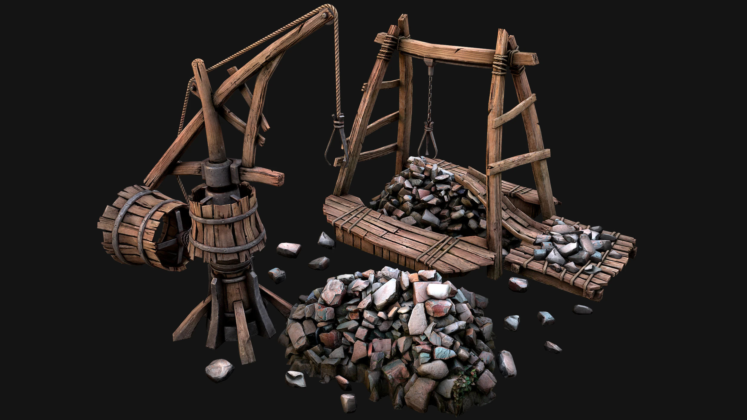 Medieval Quarry Mine with Crane Pack 3D Model .c4d .max .obj .3ds .fbx .stl .blend 