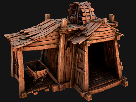 Miniera medievale Steampunk e carrello minerario Modello 3D