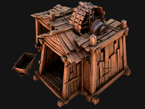 Medieval Mine Steampunk and Mining Cart 3D Model