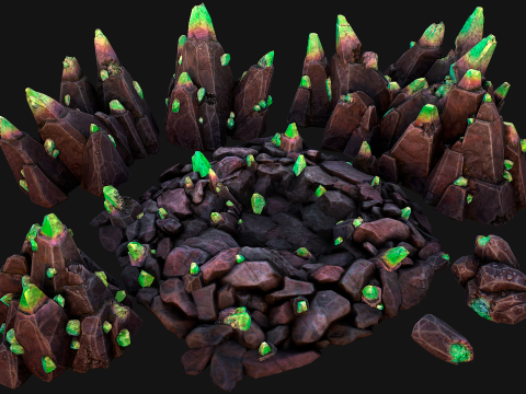 Green Crystals Minerals Ore Cave 3Dモデル