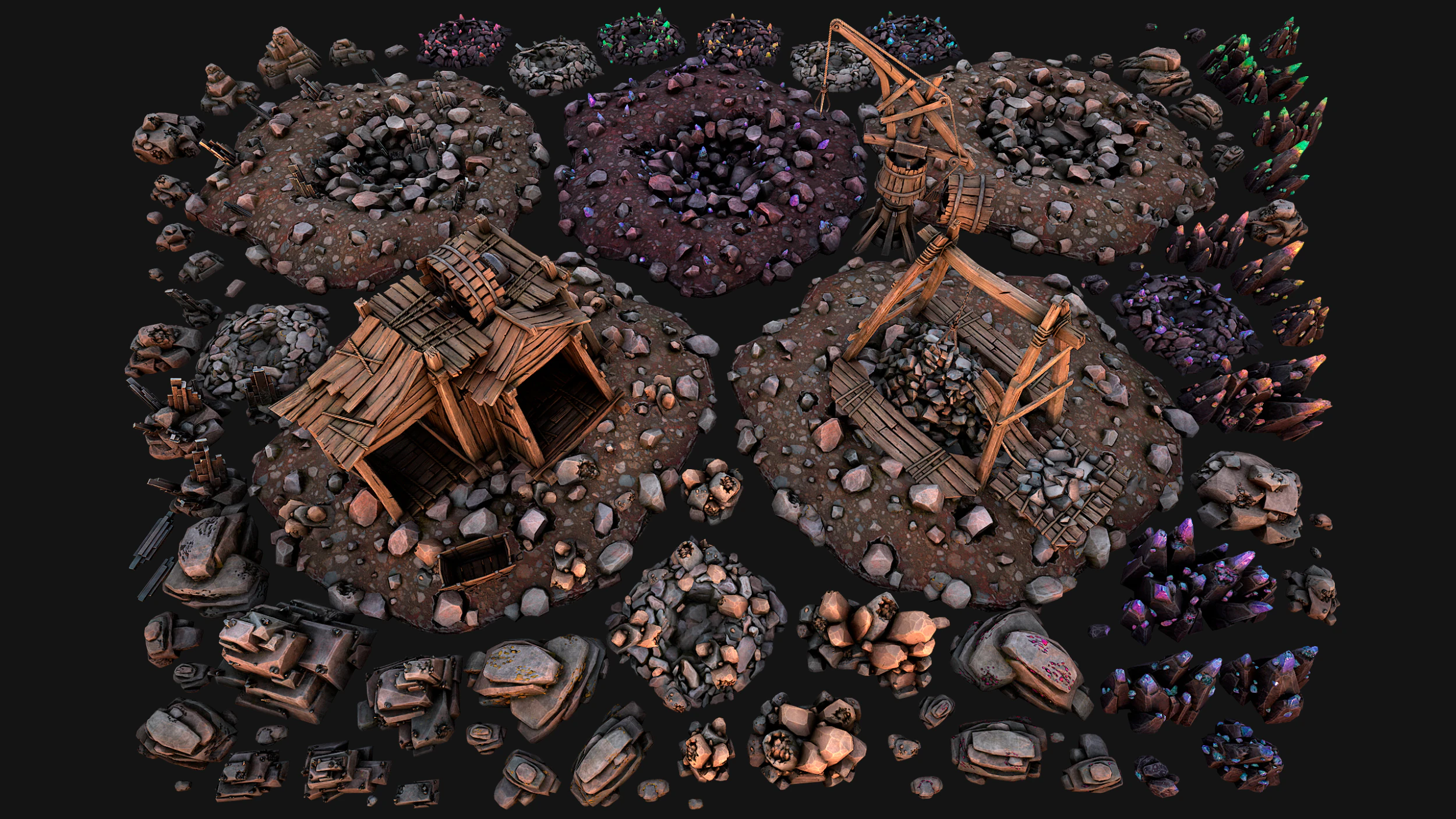 Mine Quarry Crane Industrial Set Crystal Ore 3D Model .c4d .max .obj .3ds .fbx .stl .blend 