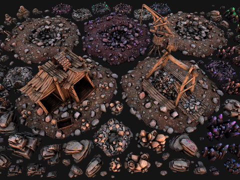 Mine Quarry Crane Industrial Set Crystal Ore Modelo 3D
