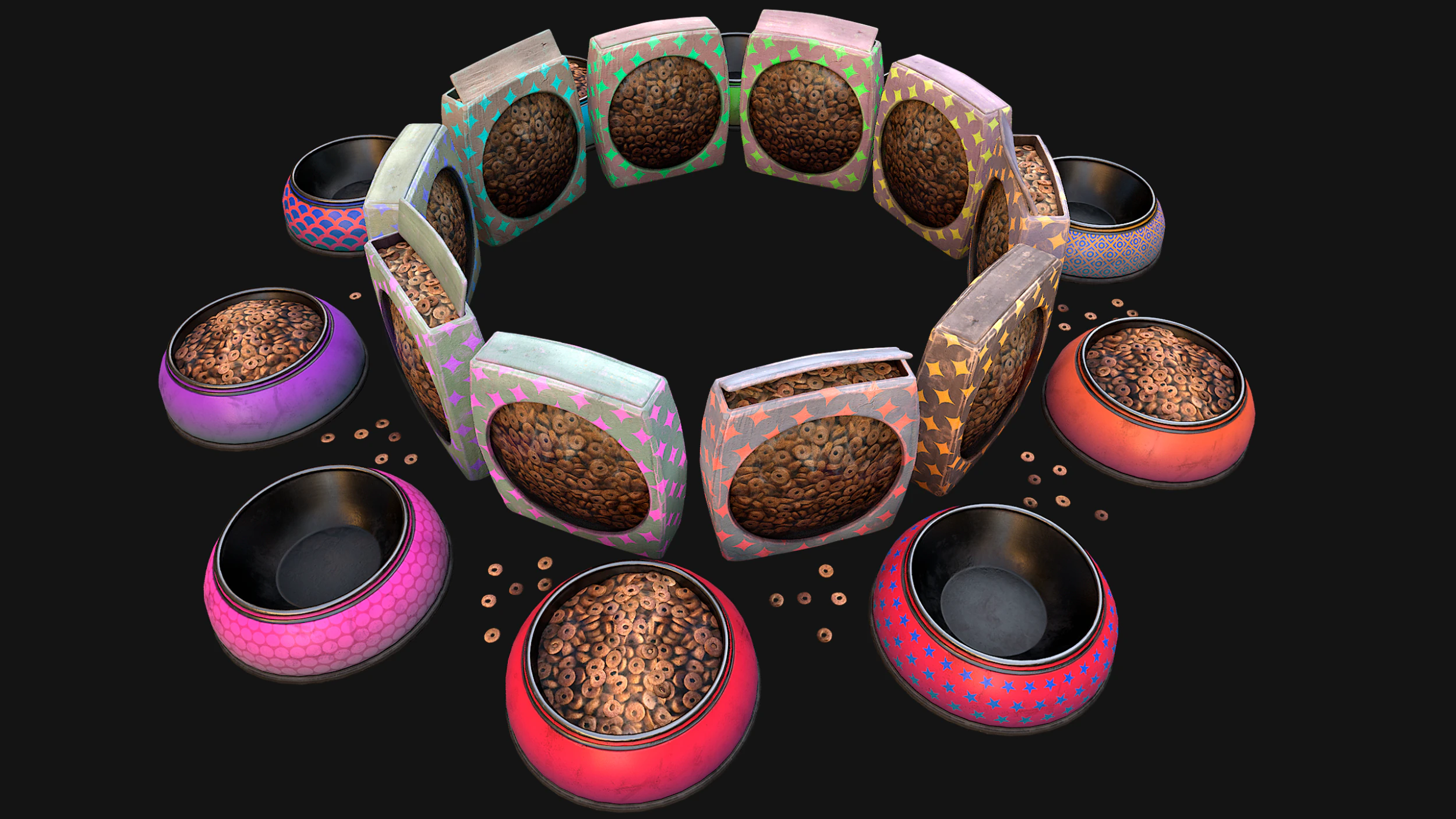 Bowl Packaging Dry Cereal Food for Pet Dog and Cat Pack 3D Model .c4d .max .obj .3ds .fbx .stl .blend
