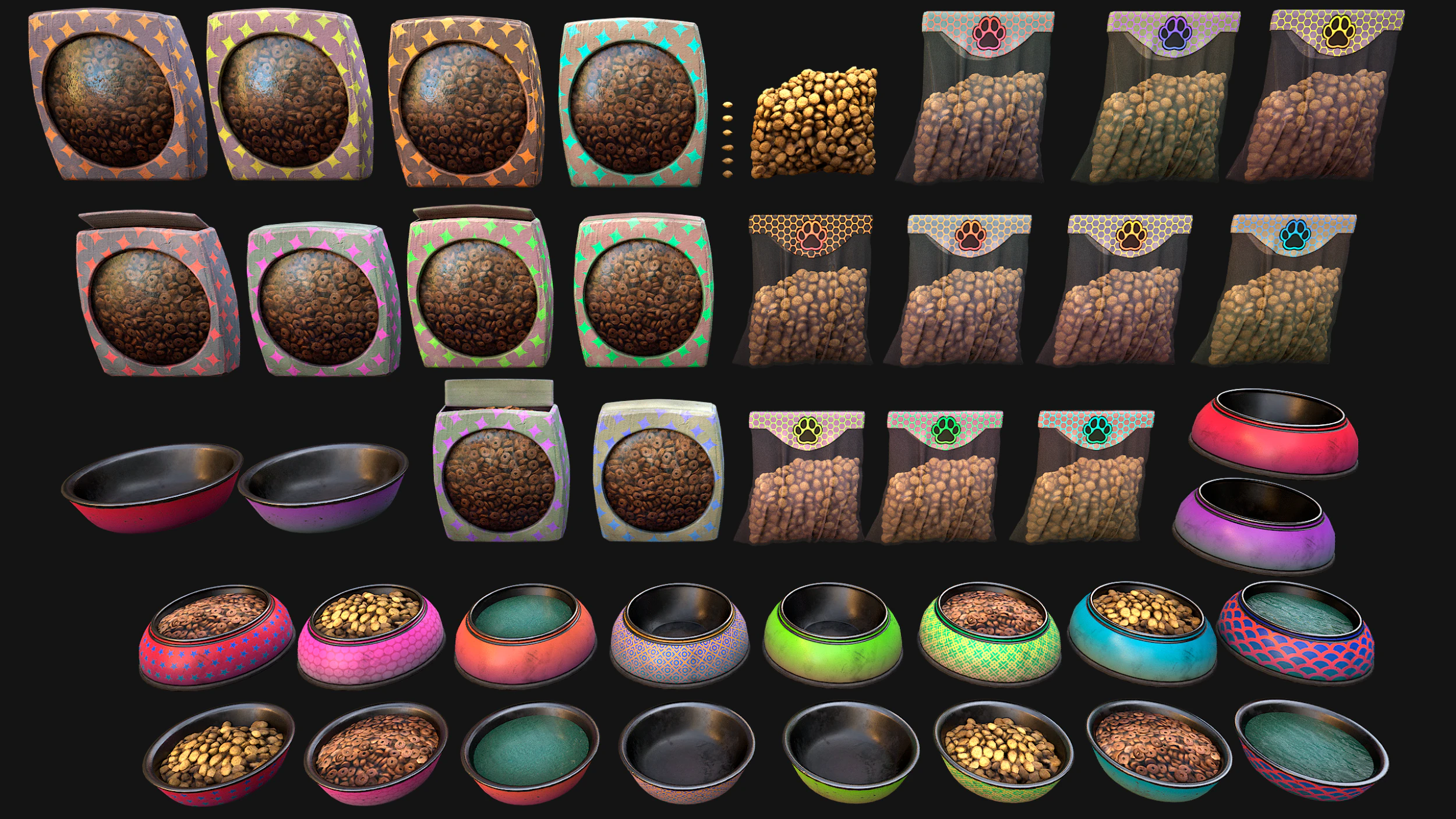 Food Water in a Bowl Dog Cat Pet Pack Flakes Treats 3D Model .c4d .max .obj .3ds .fbx .stl .blend 