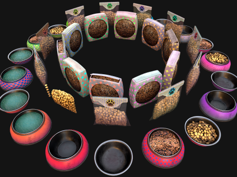 Food Water in a Bowl Dog Cat Pet Pack Flakes Treats 3D मॉडल