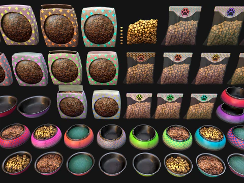 Food Water in a Bowl Dog Cat Pet Pack Flakes Treats 3D Model