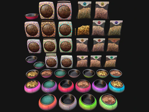 Food Water in a Bowl Dog Cat Pet Pack Flakes Treats 3D Model
