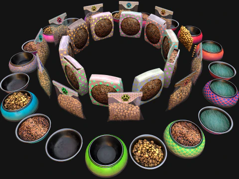 Food Water in a Bowl Dog Cat Pet Pack Flakes Treats 3D Model
