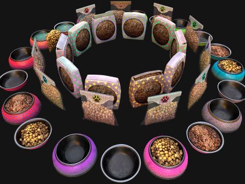 Food Water in a Bowl Dog Cat Pet Pack Flakes Treats 3D Model