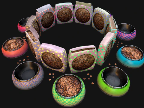 Food Water in a Bowl Dog Cat Pet Pack Flakes Treats 3D Model