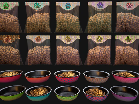 Food Water in a Bowl Dog Cat Pet Pack Flakes Treats 3D Model