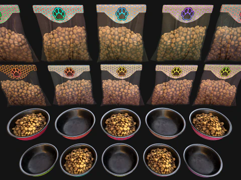 Food Water in a Bowl Dog Cat Pet Pack Flakes Treats 3D Model