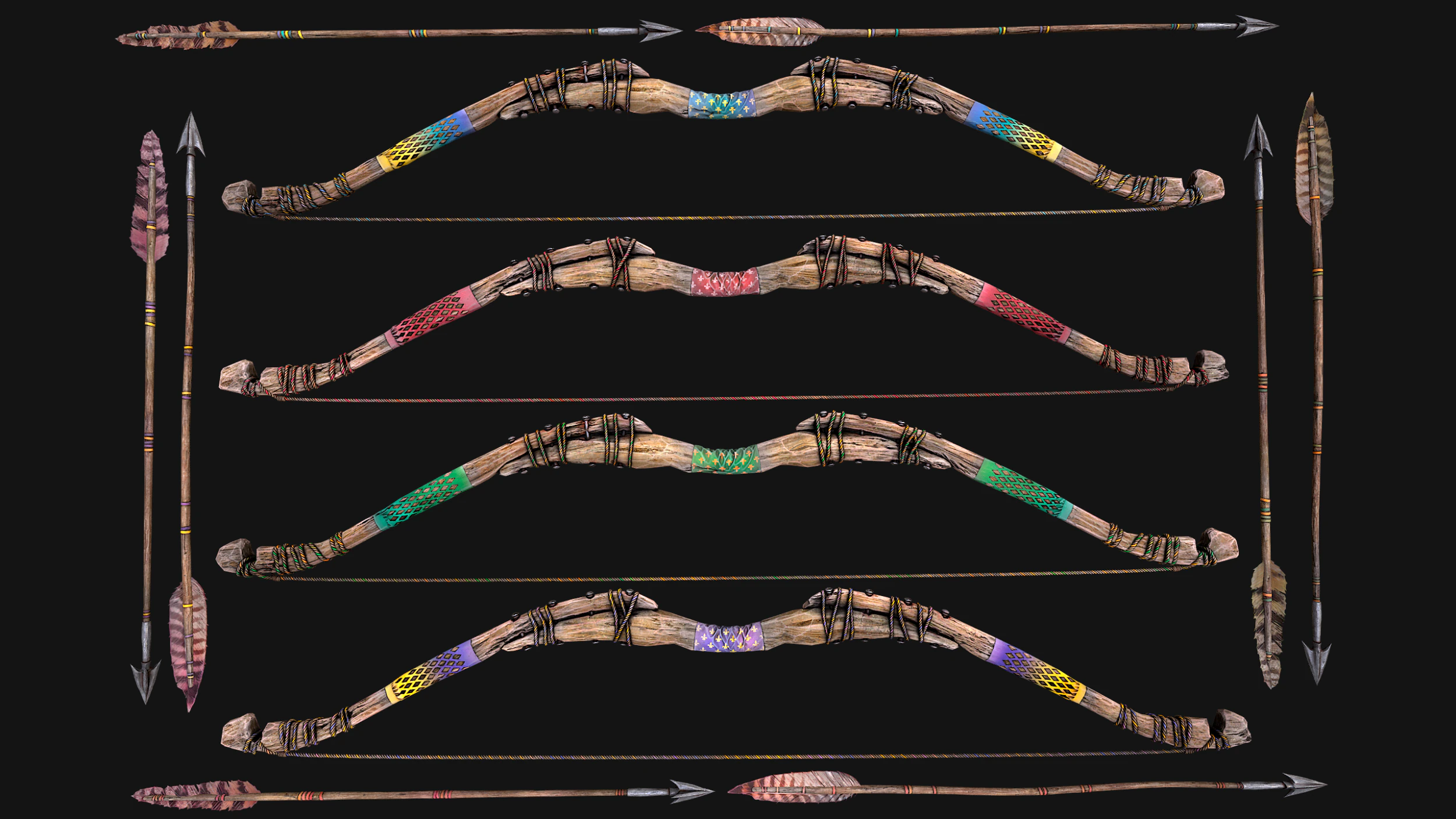Medieval Wooden Bow Weapon Set 3D Model .c4d .max .obj .3ds .fbx .stl .blend 