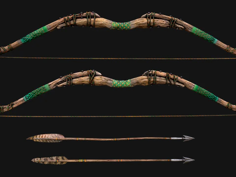 Medieval Wooden Bow Weapon Set 3D Model