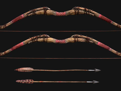 Medieval Wooden Bow Weapon Set 3D Model