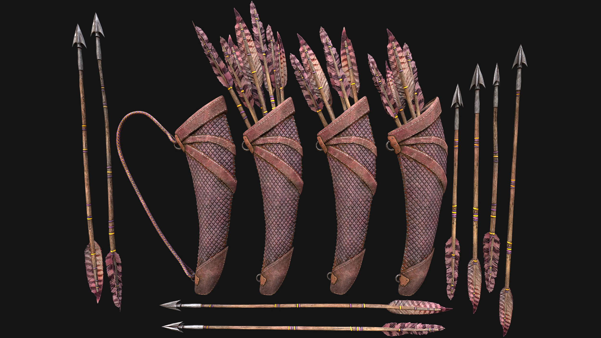 Medieval Quiver and Arrows Arrow Archer Bow Set 3D Model .c4d .max .obj .3ds .fbx .stl .blend