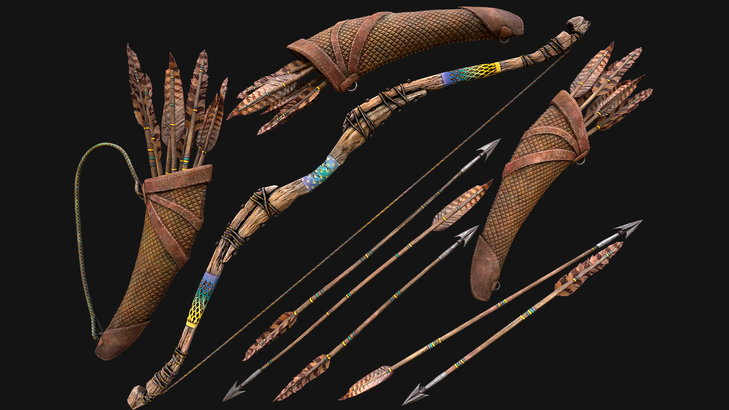 Wooden Bow and Quiver Tournament Weapons 3D Model .c4d .max .obj .3ds .fbx .stl .blend 