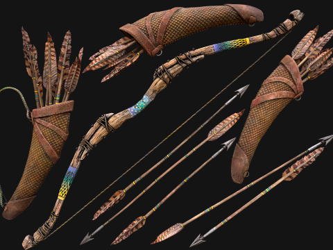 Wooden Bow and Quiver Tournament Weapons 3D Modell