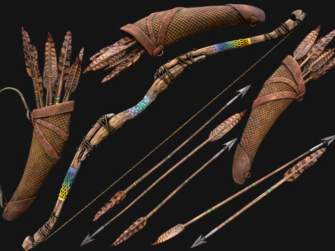 Senjata Turnamen Busur dan Quiver Kayu Model 3D