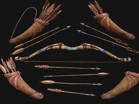 Wooden Bow and Quiver Tournament Weapons 3D Model