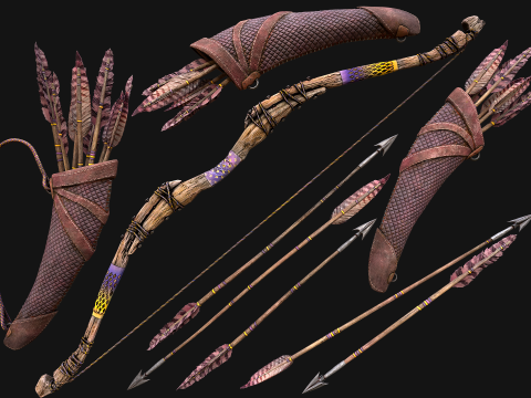 Wooden Bow and Quiver Arrows Fair Medieval 3D Modell