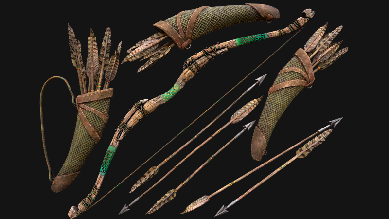 Wooden Bow and Quiver Ranger Set Medieval 3D Model .c4d .max .obj .3ds .fbx .stl .blend 