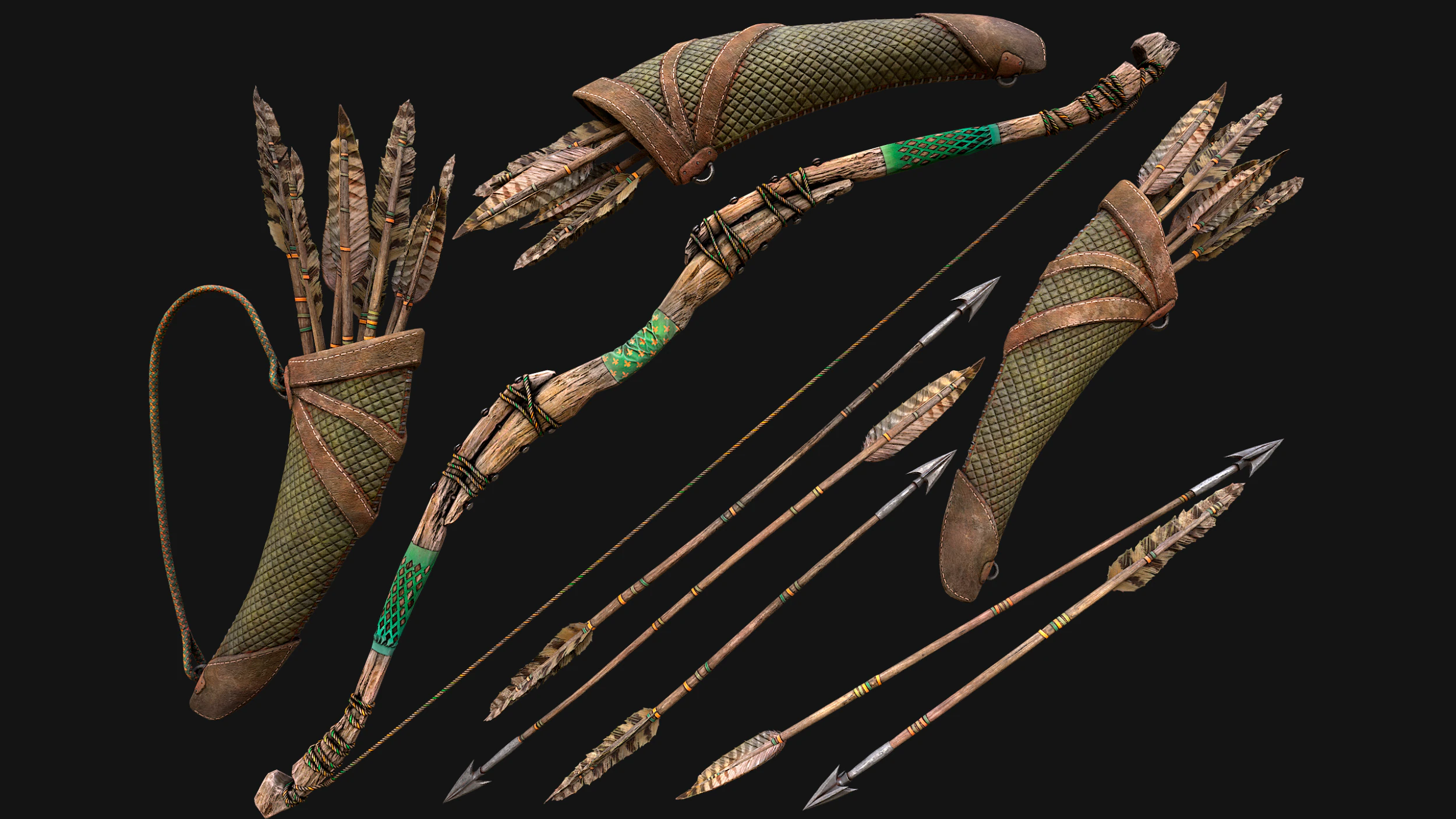 Wooden Bow and Quiver Ranger Set Medieval 3D Model .c4d .max .obj .3ds .fbx .stl .blend 