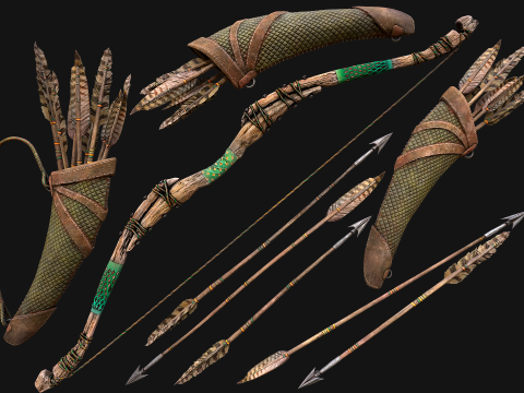 Wooden Bow and Quiver Ranger Set Medieval 3D Modell