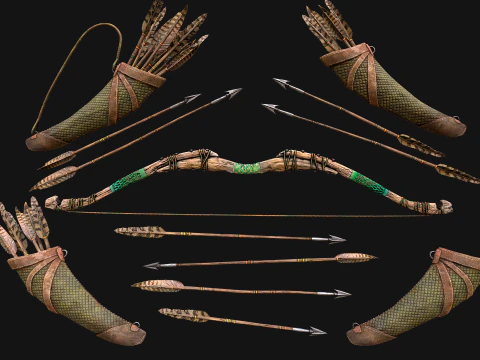 Wooden Bow and Quiver Ranger Set Medieval 3D Model
