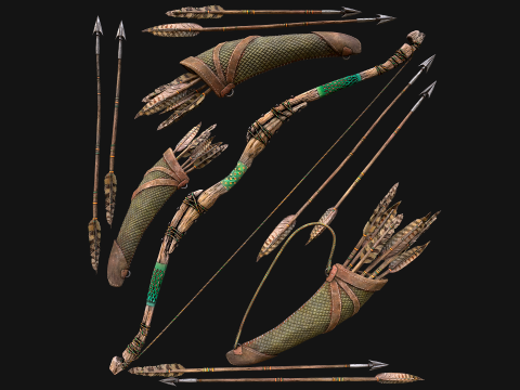 Wooden Bow and Quiver Ranger Set Medieval 3D Model