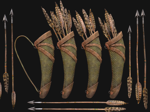 Wooden Bow and Quiver Ranger Set Medieval 3D Model