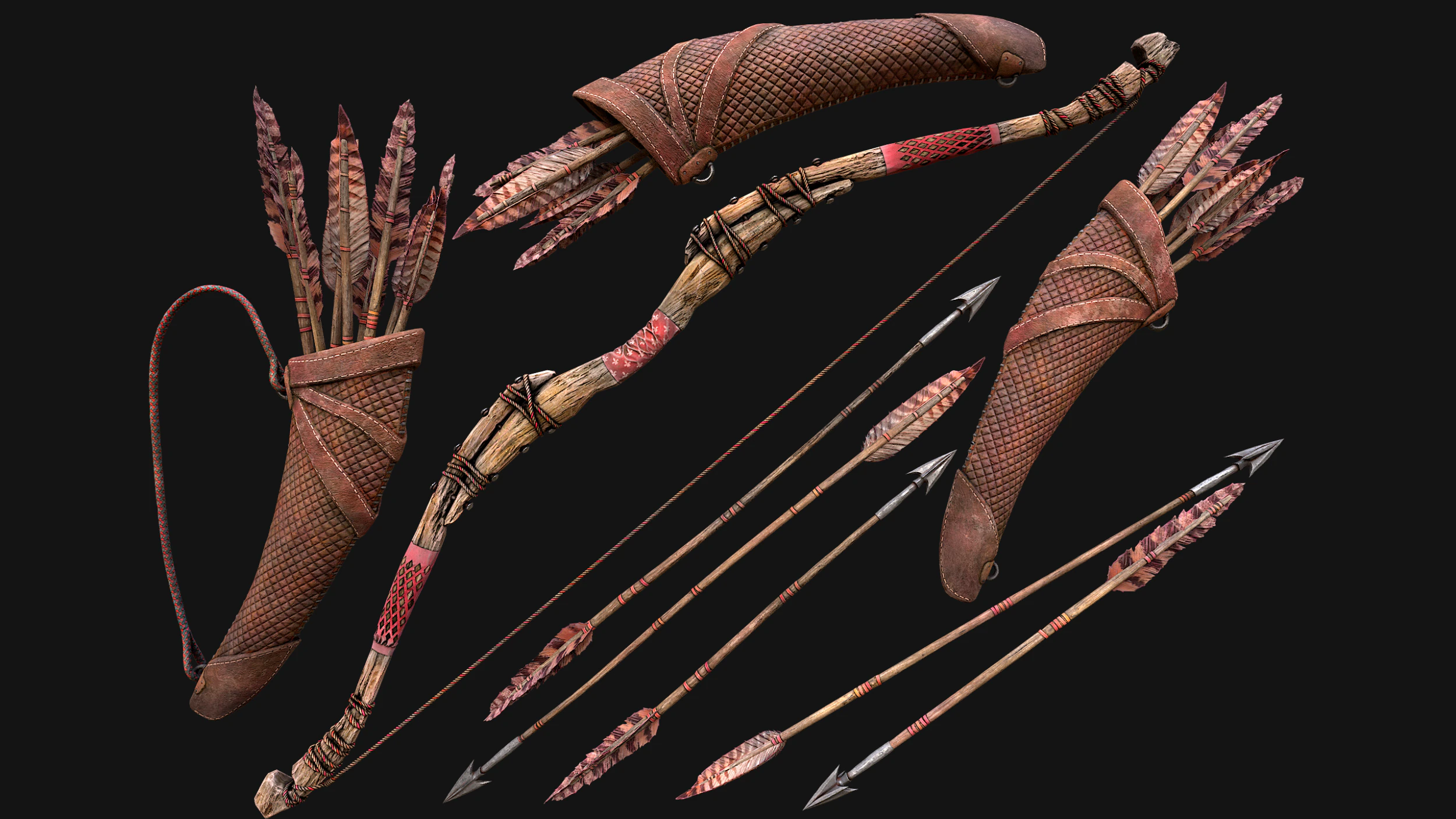 Wooden Bow and Quiver Medieval Archer Weapons 3D Model .c4d .max .obj .3ds .fbx .stl .blend